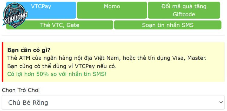 Nạp Ngọc Rồng online qua ví VTCPay